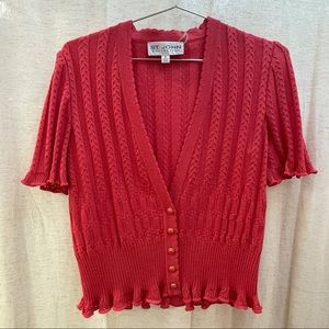 St. John Pink Knit Short Sleeve Cardigan Sweater Button Front V-Neck Ruffles